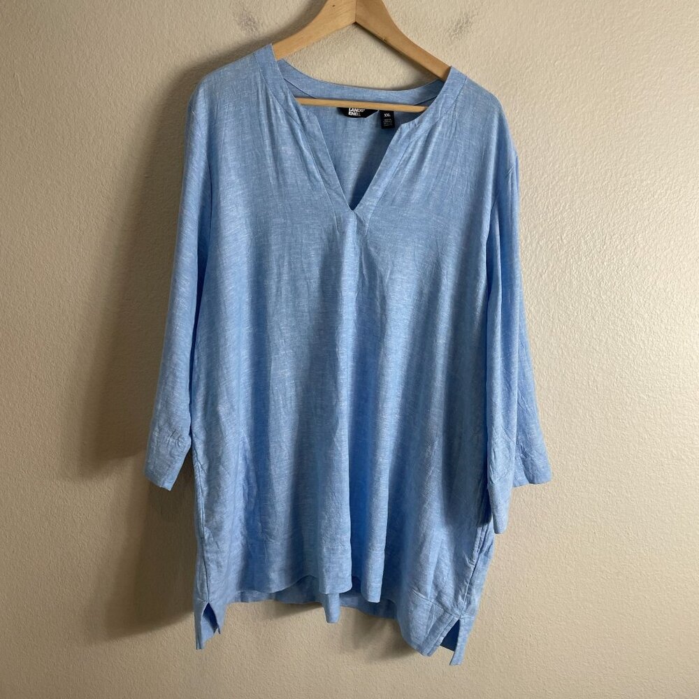 Lands End Womens Plus‎ XXL Blue Linen Blend Tunic Top 3/4 Sleeves V Neck Pockets - Picture 8 of 11
